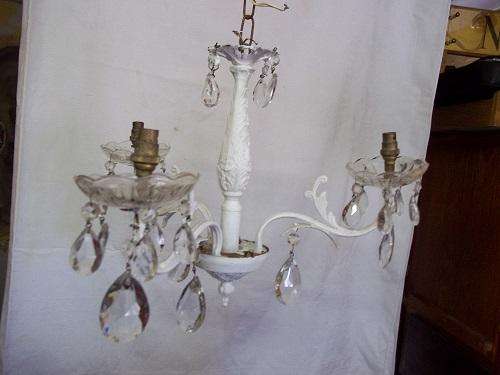 Lovely vintage 3 arm cast iron chandelier with glass shades and drops - painted white