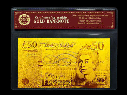 Bank of England 24 Kt 0.999 GOLD Foil 50 Pounds Bank Note + COA