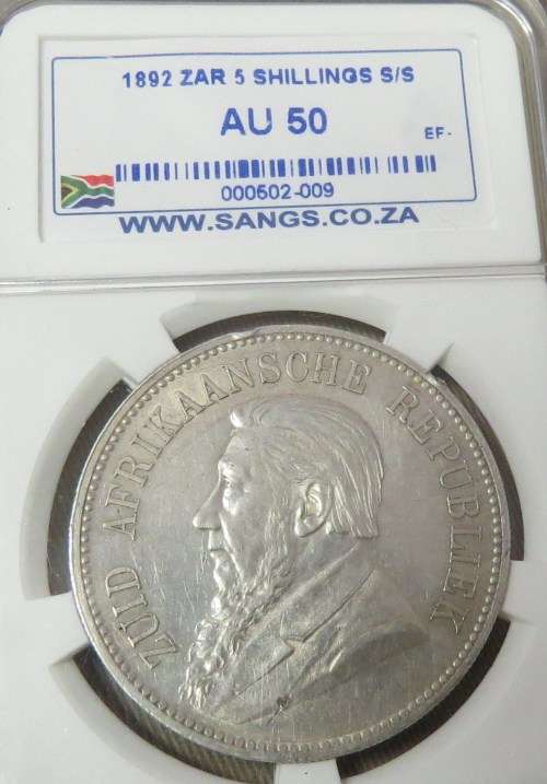 1892  S/S  5 SHILLINGS    GRADED  AU 50  CAT VALUE EF R20 000-00