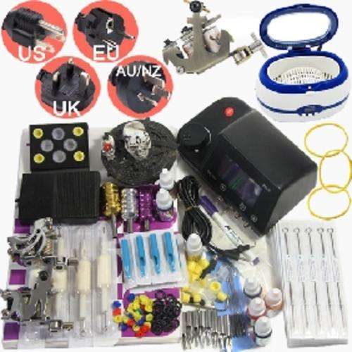 Tattoo Kit Dual LCD Power 3 Machines Guns 3 Grips 14 Inks 100 Needles & Ultrasonic Cleaner *FREE P&P