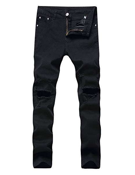 Qazel Vorrlon Men's Black Ripped Skinny Distressed Destroyed Slim Jeans Pants with Holes