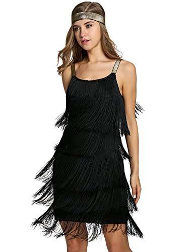 Bifast Women's Flapper Dresses Vintage 1920s V Neck Beaded Fringed Lace Tassels Hem Flapper Great Ga