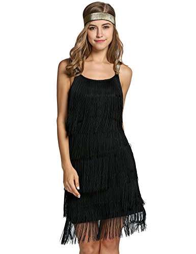 Bifast Women's Flapper Dresses Vintage 1920s V Neck Beaded Fringed Lace Tassels Hem Flapper Great Ga