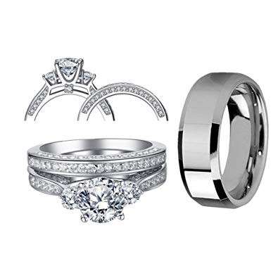 MABELLA His and Hers Wedding Ring Sets 3 Stone Womens Silver CZ Ring Set and Mens Stainless Steel Ma