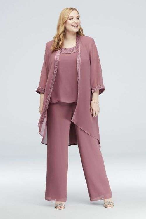 David's Bridal Plus Size Chiffon Pantsuit with High-Low Jacket Style 25799-MROSE