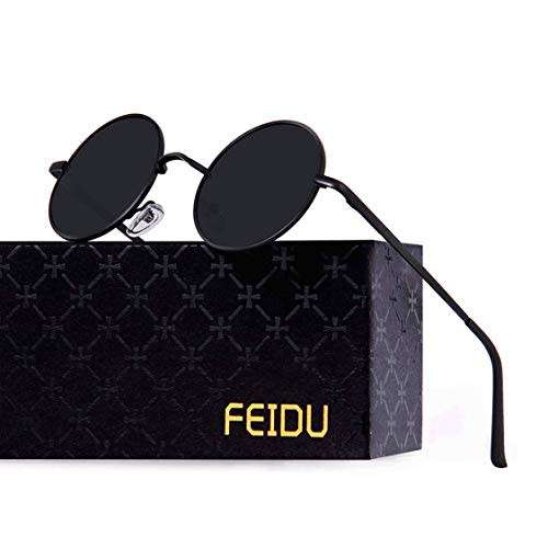 FEIDU-Men Round Retro Polarized Sunglasses Women Vintage Sunglasses FD3013 (Black/Black, 1.81)
