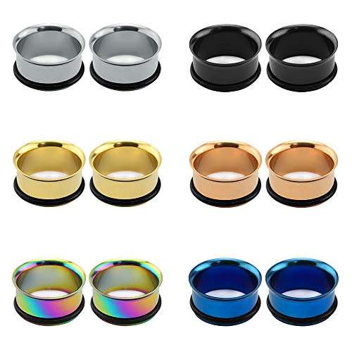 ZS 6 Pairs Surgical Stainless Steel Single Flare Tunnels Flesh Plugs Ear Gauges with Silicone O-Ring
