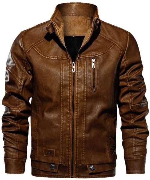 for Men Coat.AIMTOPPY Men's Casual Solid Color Stand Collar Long Sleeve Leather Jacket