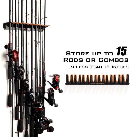 KastKing Patented V15 Vertical Fishing Rod Holder  Wall Mounted Fishing Rod Rack, Store 15 Rods or