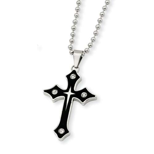 Men's Stainless Steel and Black Enamel Gothic Cross Necklace with Cubic Zirconia