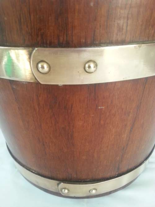 LARGE WOODEN BUCKET WITH BRASS OVERLAYS