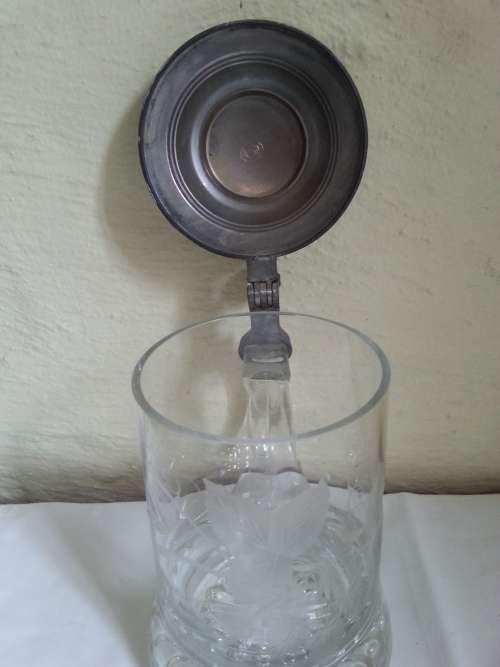 GERMAN CRYSTAL BEER STEIN WITH PETER LID - ZINN