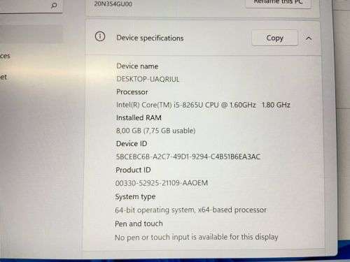 LENOVO Thinkpad T490 i5- 8265U 1,8GHz 8GB Ram 256GB SSD 14` UHD Graphics 620 Screen