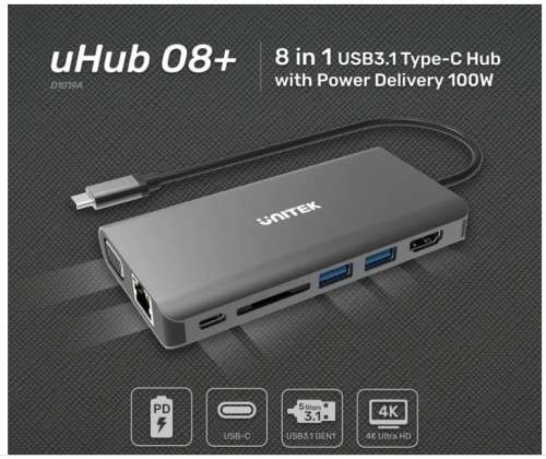 Unitek D1019A uHUB O8+ 8-in-1 Dual Display Ethernet 100W USB-C Hub