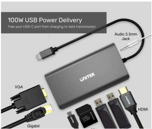 Unitek D1019A uHUB O8+ 8-in-1 Dual Display Ethernet 100W USB-C Hub