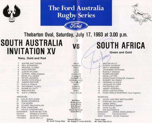 Signed South Africa v Sth Australia Invitation XV 1993