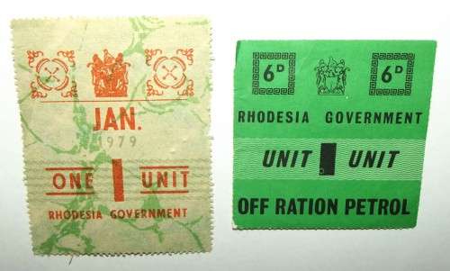 2 Rhodesia One Unit Petrol Ration Coupons From the 1970's