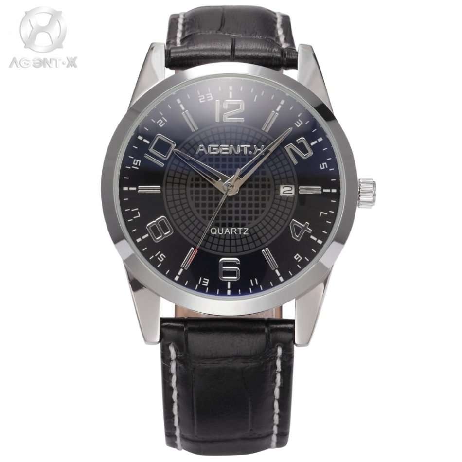 *FREE COURIER* AGENT-X Business Date Quartz Black Leather Mens Watch - FREE BRANDED GIFT BOX