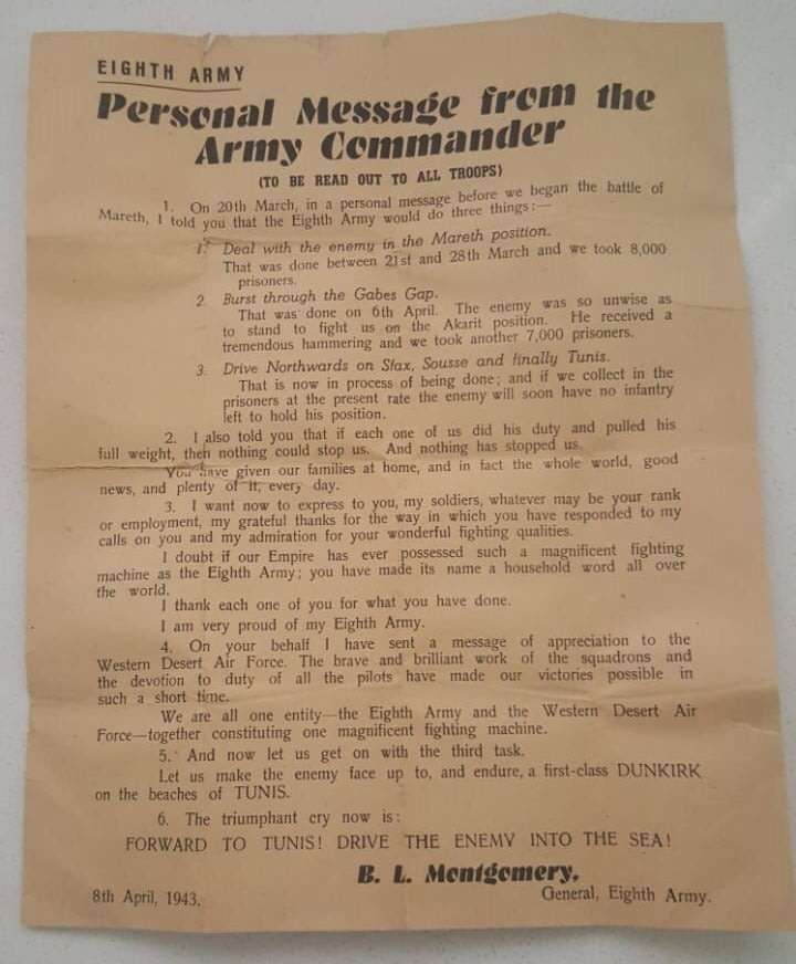 1943 WW2 Personal Message from the Eighth Army Commander Document