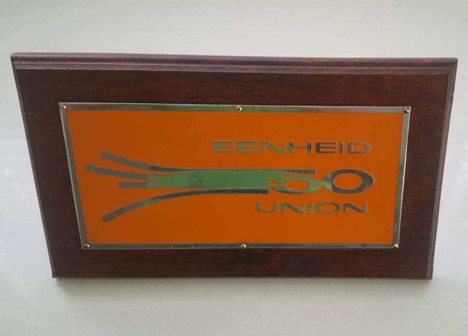 SA 50 Years Union Enamel on Wood Plaque