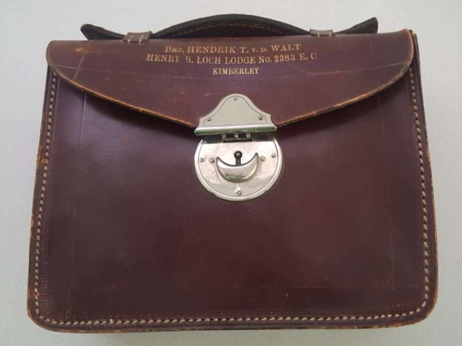 Old Freemasons Leather Satchel Containing Masonic Apron and Some Documents
