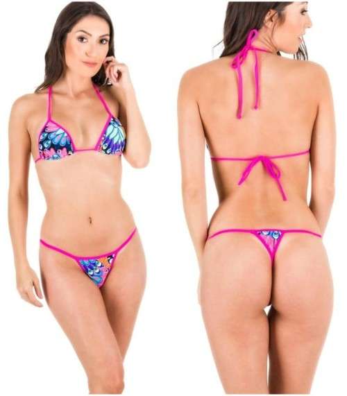 Peacock Pink - Tri Top and Micro Thong Bottom Bikini Set - Medium Size