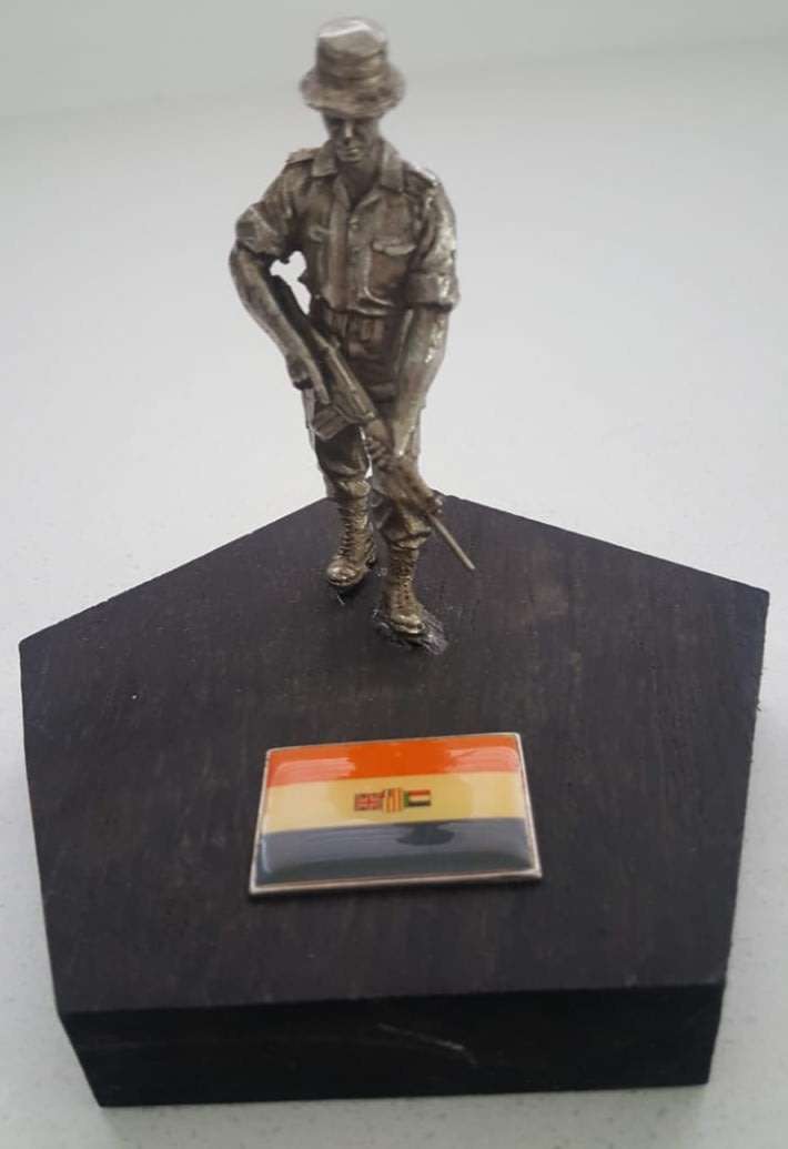 SADF Border War Troopie Metal on Wood Desk Statue