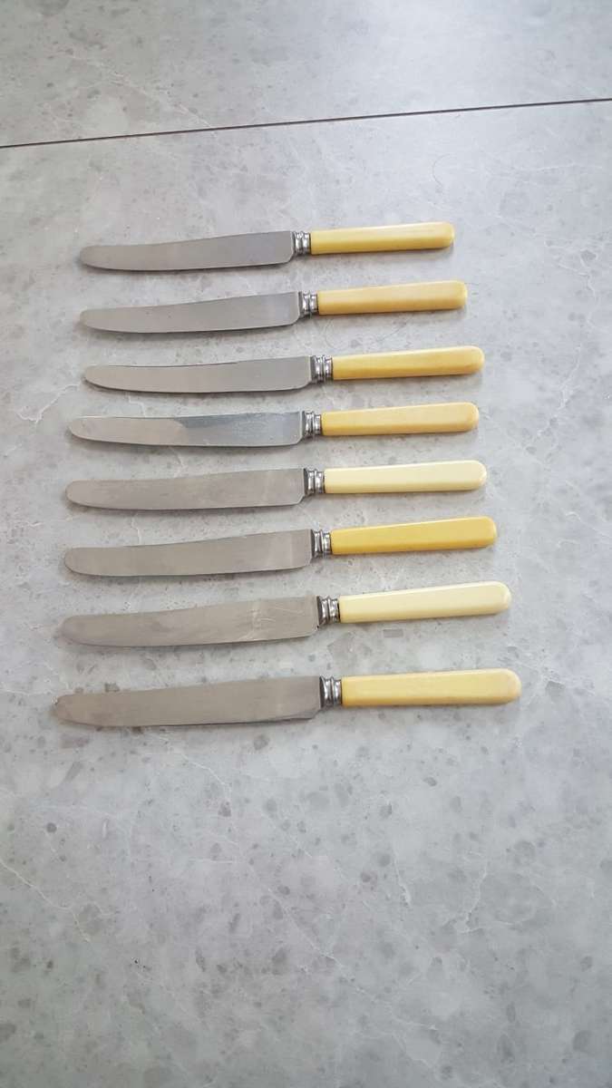 8 VINTAGE BONE HANDLE DINNER KNIVES.HARRIS MILLER & CO, SHEFFIELD ENGLAND