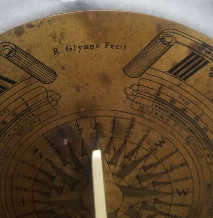 Vintage R Glynne Fecit Brass and Marble Sundial
