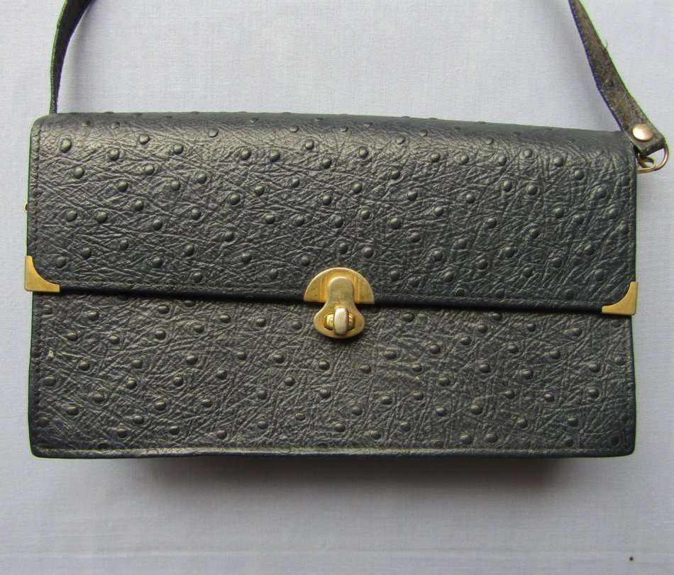 Vintage Dark Blue Ostrich Leather Handbag