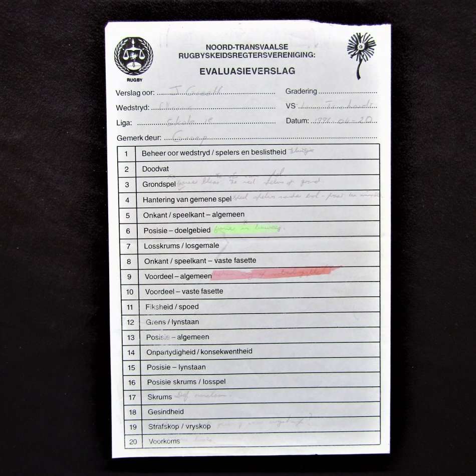 Old Noord Transvaal Rugby Skeidsregter Evaluasie Verslag