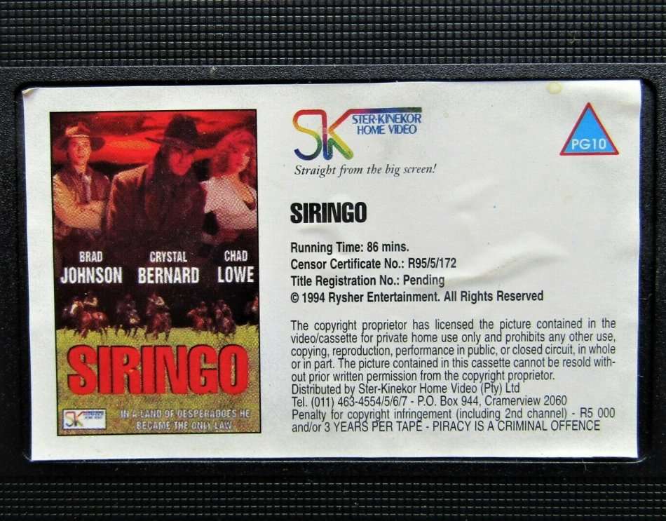Siringo - Brad Johnson and Chad Lowe - VHS Tape (1995)