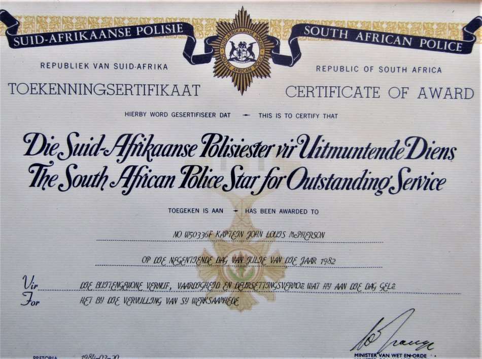 1982 SA Police Star for Outstanding Service Medal Award Certificate