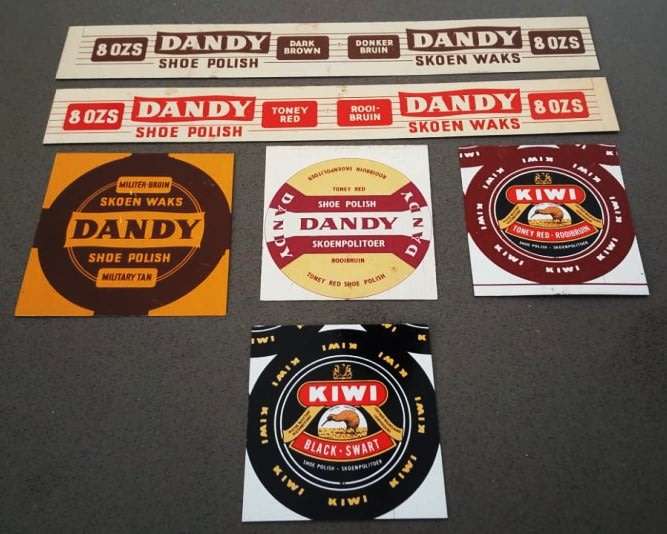 6 Vintage Dandy Shoe Polish English and Afrikaans Metal Advertising Pressings