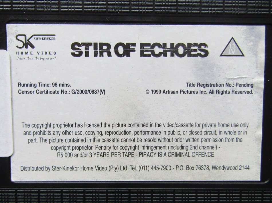 Stir of Echoes - Kevin Bacon - Horror VHS Tape (1999)