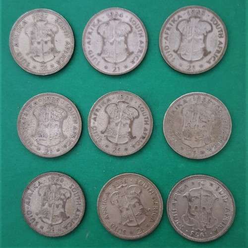 Lot of 9 SA Two Shillings Coins - 50% Silver