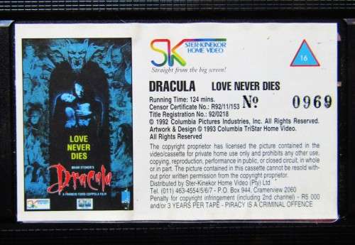 Bram Stoker`s Dracula - Vampire Horror Movie VHS Tape (1993)