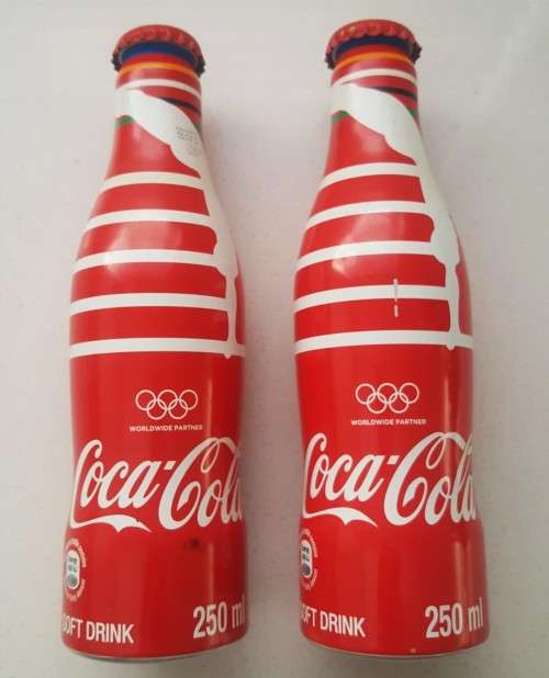2 Coca Cola Olympic Partner Metal Bottles with Caps