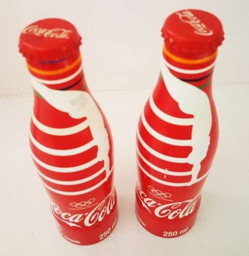 2 Coca Cola Olympic Partner Metal Bottles with Caps