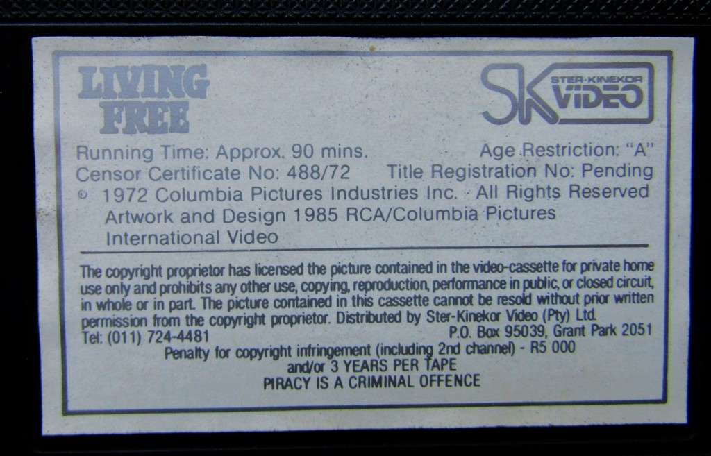 Living Free - Nigel Davenport - Movie VHS Tape (1985)