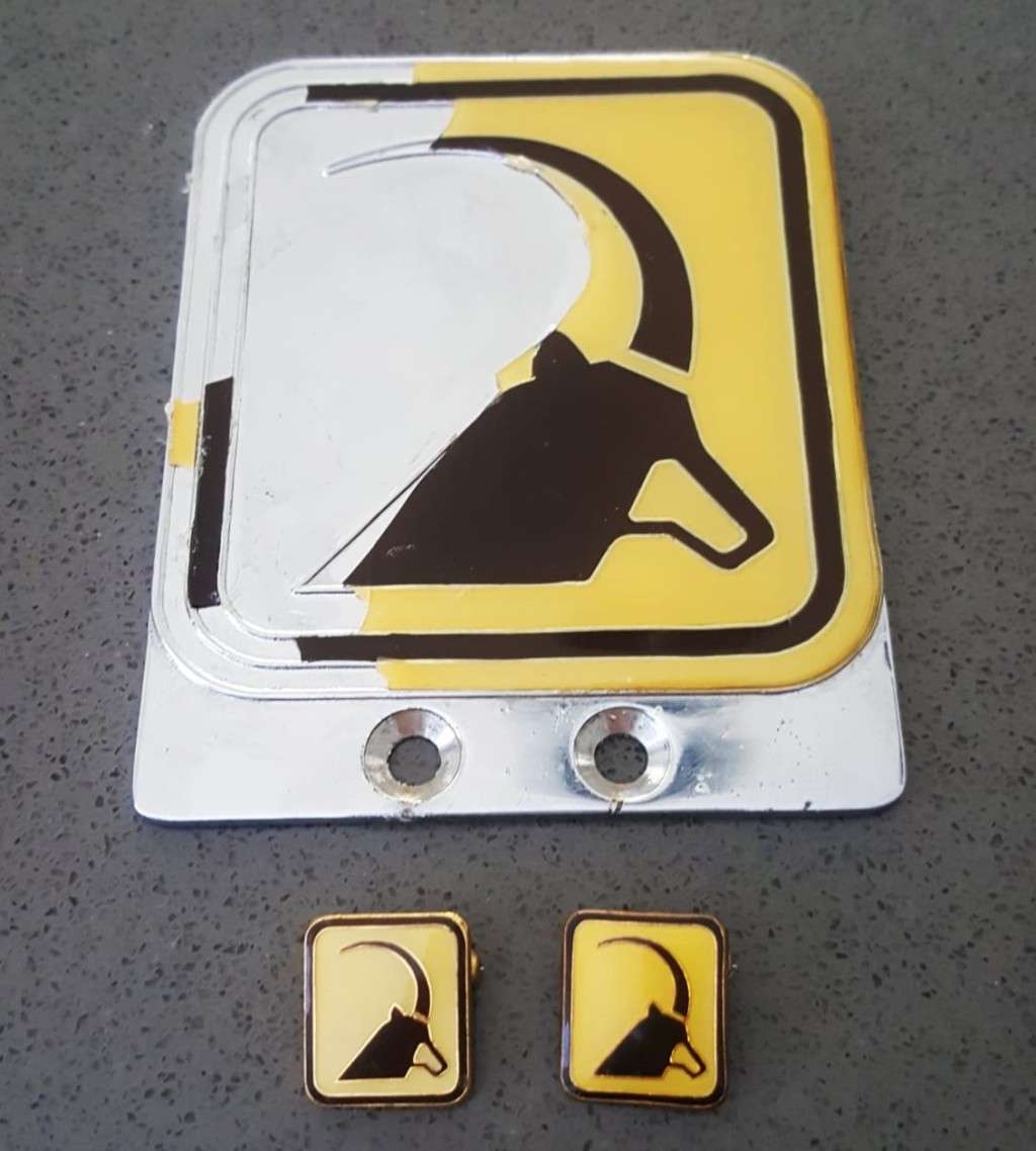 Old Car Bumper Badge (damaged) and 2 Lapel Pin Badges