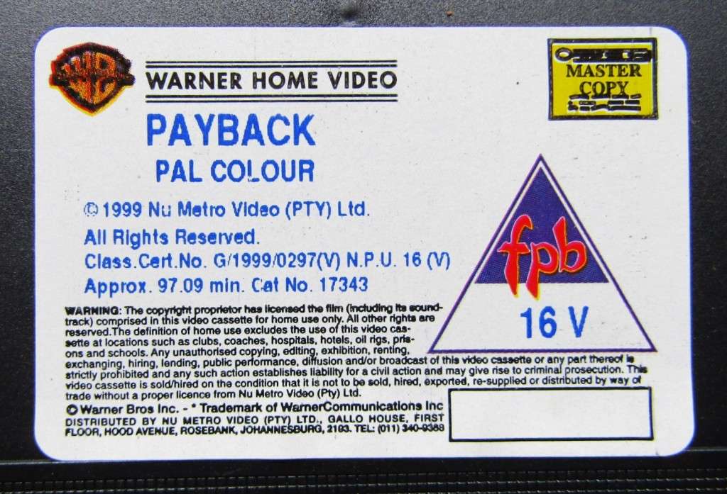 Payback - Mel Gibson - Movie VHS Tape (1999)