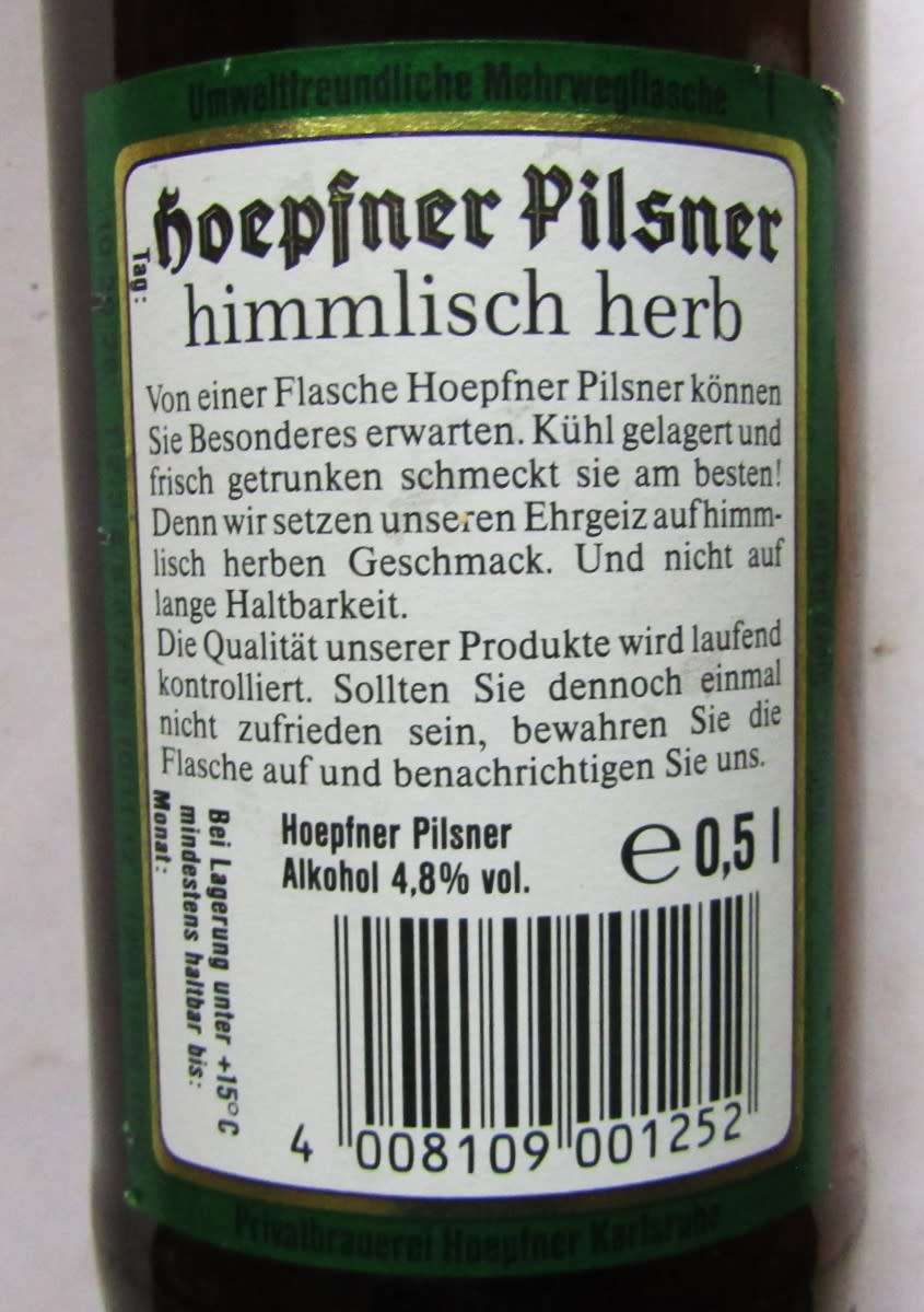 Old German Hoepfner Pilsner 500ml Beer Bottle with Cap