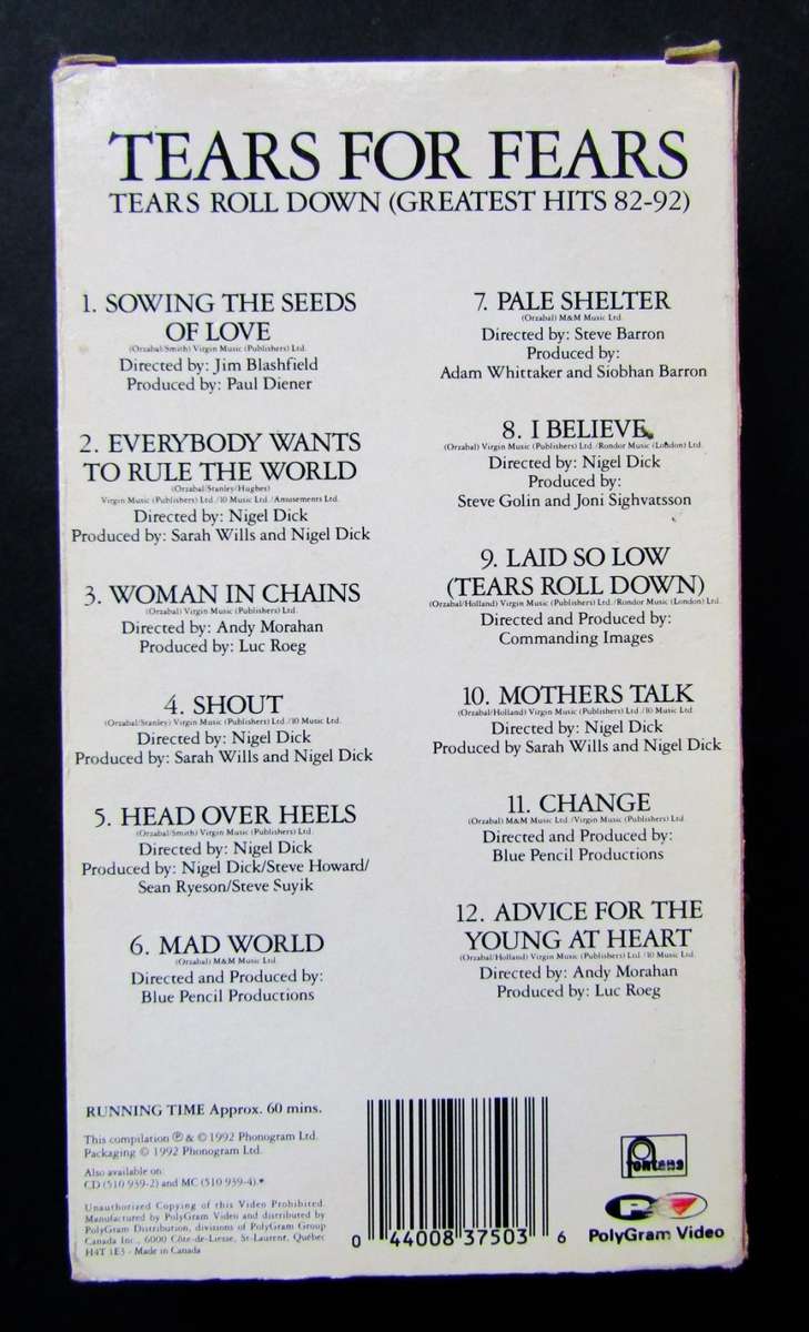 Tears for Fears - Greatest Hits - VHS Video Tape (1992)