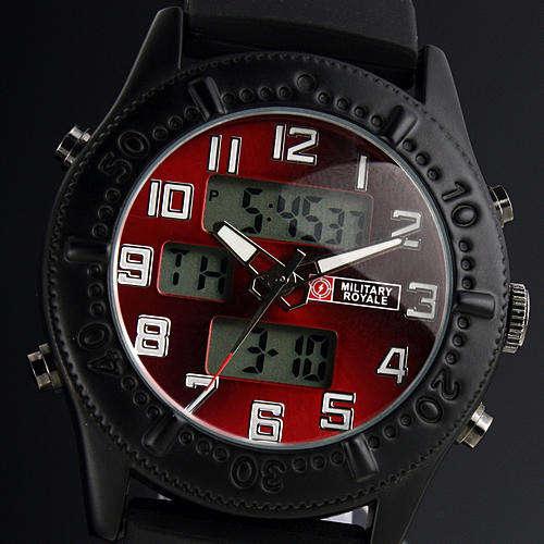 NEW MILITARY ROYALE DUAL TIME RED RUBBER MENS WATCH