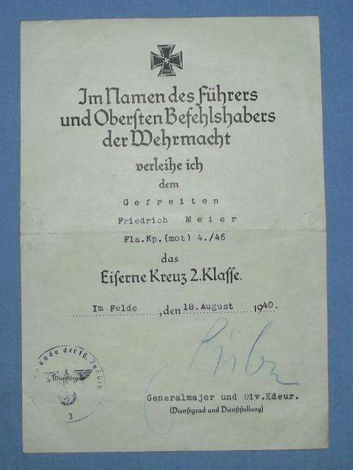 WW2 German Iron Cross 2nd Class Medal Award Document