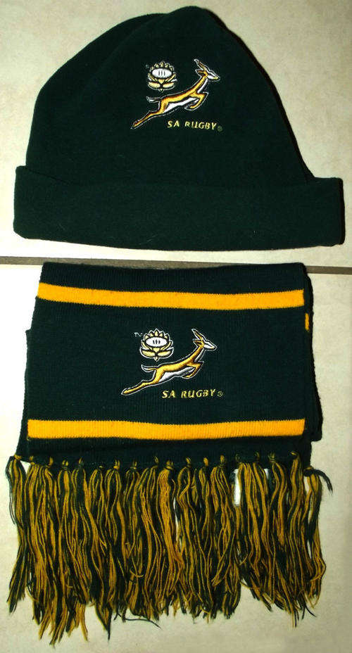 Old SA Springbok Rugby Supporter Beanie Cap + Scarf