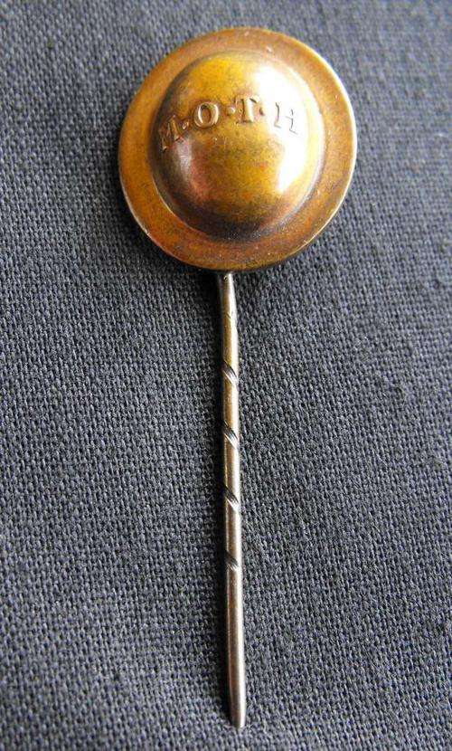 OLD MOTHS BRASS LAPEL STICK PIN BADGE