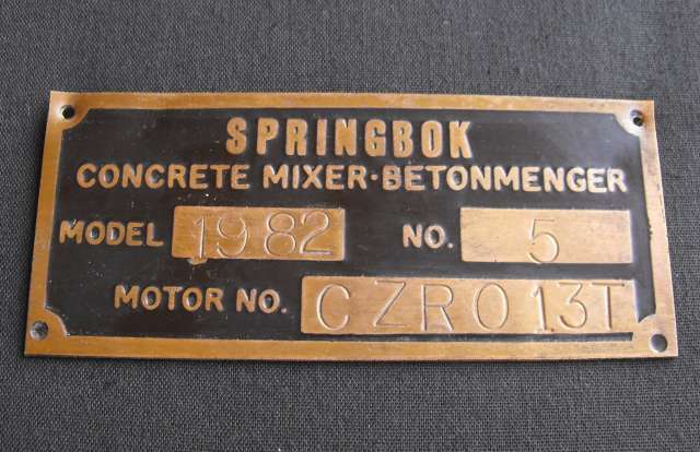 OLD SPRINGBOK CONCRETE MIXER METAL PLAQUE