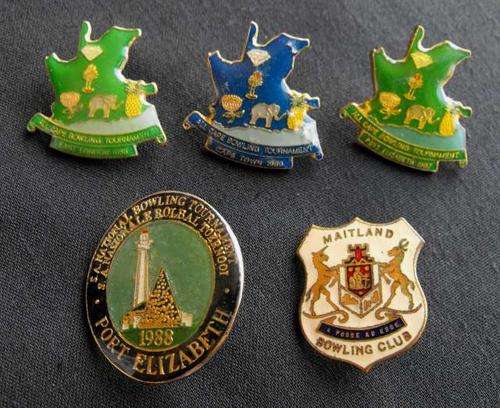 LOT OF 5 BOWLING METAL LAPEL PIN BADGES